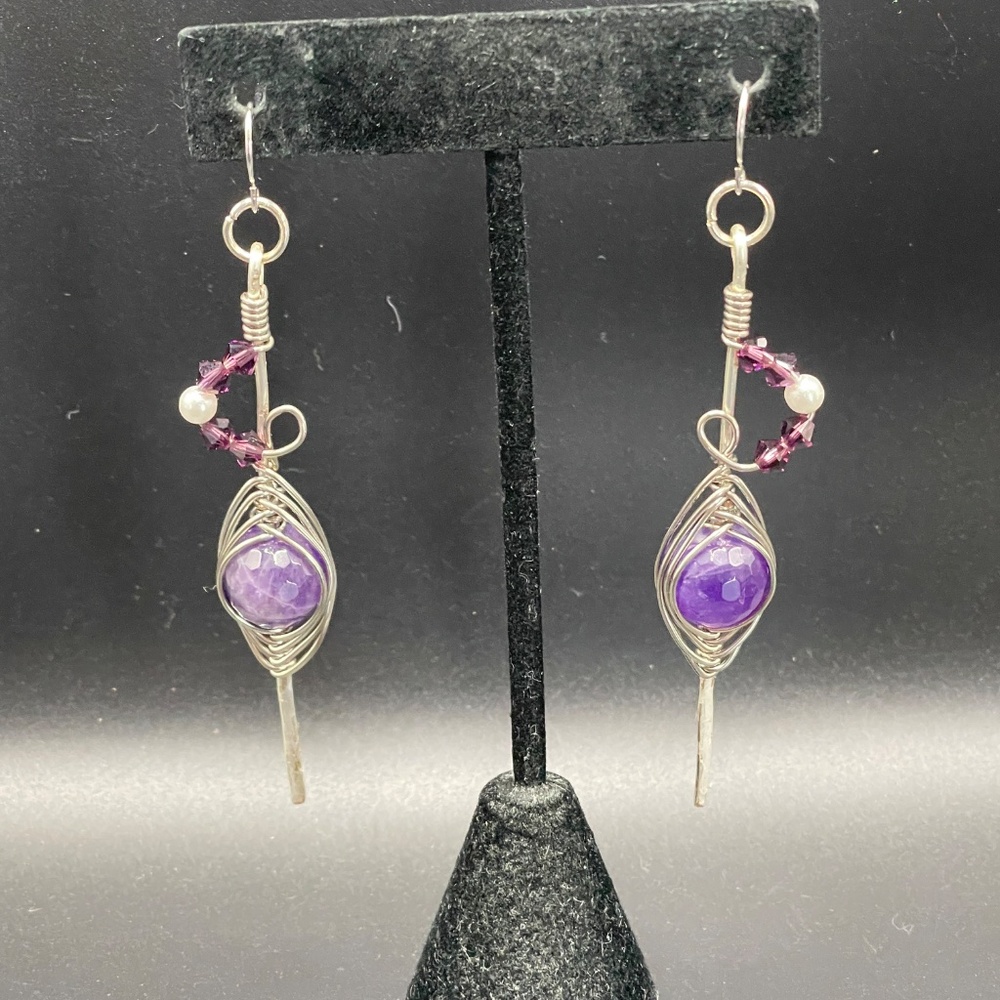 Amethyst Faux Pearl Glass Wire Wrapped Boho Pierced Earrings